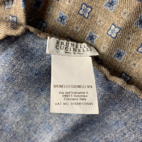 BRUNELLO CUCINELLI Taupe & Blue Reversible Wool Pocket Square