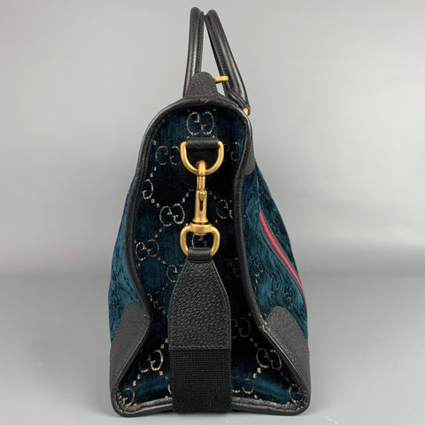 GUCCI Blue Black GG Monogram Velvet Duffle Medium Boston Bag