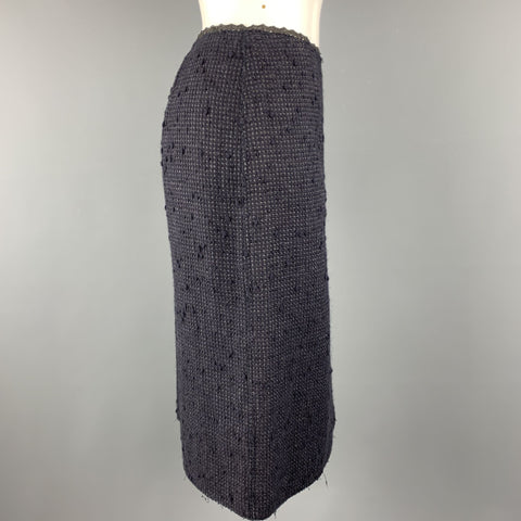 PRADA Size 6 Navy Cotton Blend Textured Tweed Lace Trime A Line Skirt