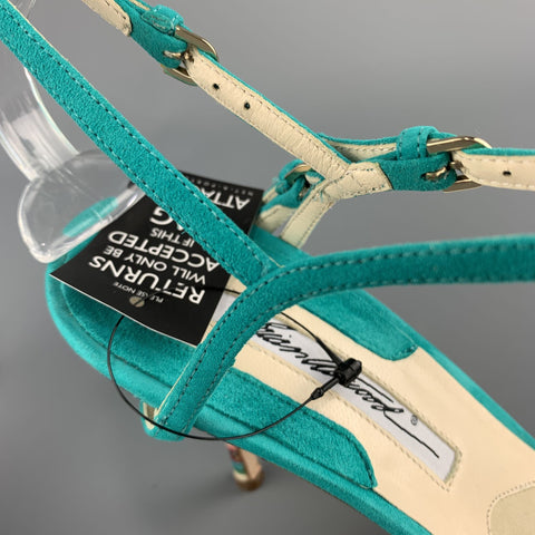 BRIAN ATWOOD 7.5 Sandalias TRIXIE de ante turquesa con tacón arcoíris y punta abierta