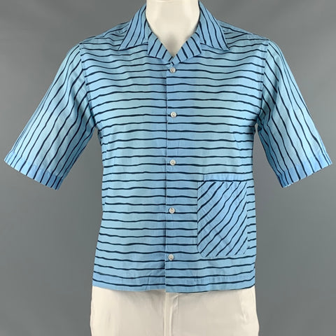 BAND OF OUTSIDERS Size L Blue Navy Stripe Cotton Short Sleeve Shirt