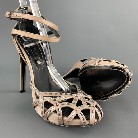 CELINE Size 6.5 Rose Crystal Embellishment Silk Ankle Strap Pumps