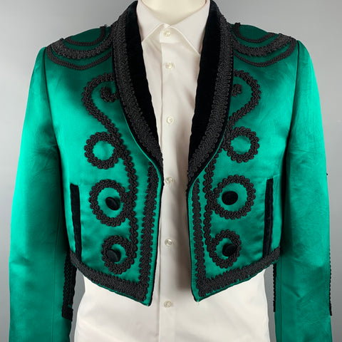 DOLCE & GABBANA S/S 15 Size 44 Emerald & Black Applique Silk Cropped Bull Fighter Jacket