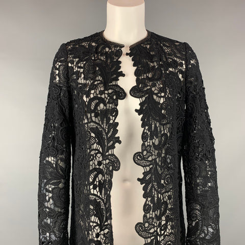 RALPH LAUREN Black Label Taille 2 Cardigan en dentelle de coton texturé noir avec garniture en cuir