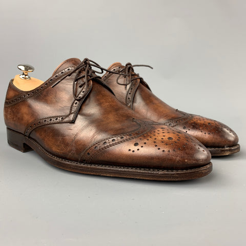 BONTONI Size 10 Brown Burnished Perforated Leather Wingtip Lace Up Shoes