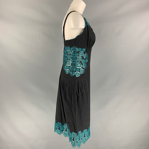 CATHERINE MALANDRINO Size 2 Black Turquoise Cotton Embroidered Dress