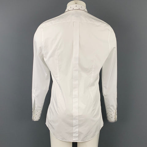 DOLCE & GABBANA Size M White Swarovski Applique Cotton Tuxedo Long Sleeve Shirt