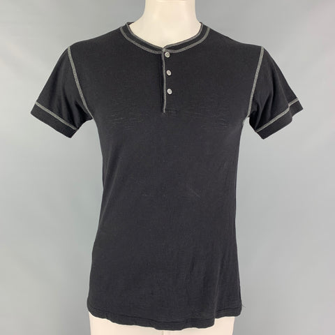 MARC JACOBS Size L Black Contrast Stitch Cotton Henley Short Sleeve Shirt