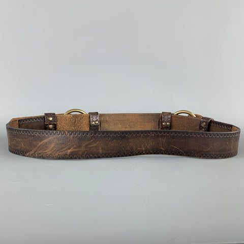 DSQUARED2 Size M Brown Leather Double Hoop Embossed Logo Belt