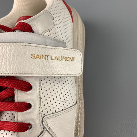 SAINT LAURENT Size 9 White & Red Perforated Leather Low Top Sneakers