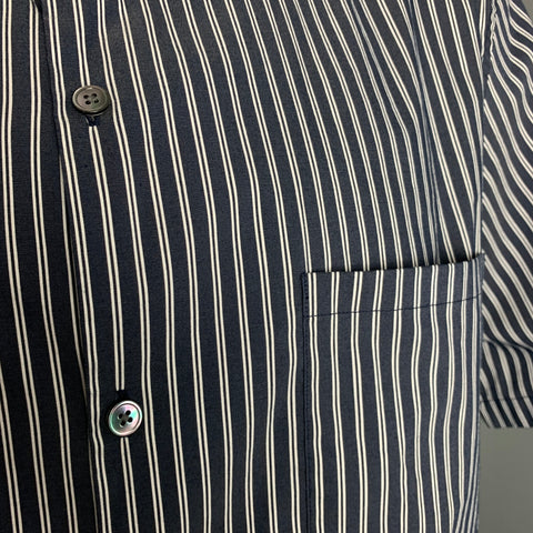 THEORY Size XXL Black White Stripe Cotton Blend One pocket Short Sleeve Shirt