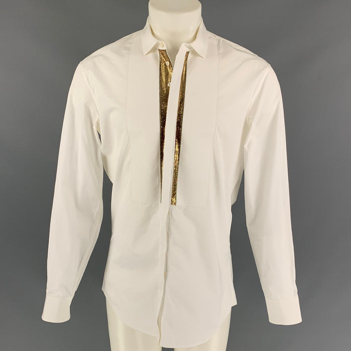 DSQUARED2 Size S White & Gold Cotton Hidden Placket Long Sleeve Shirt