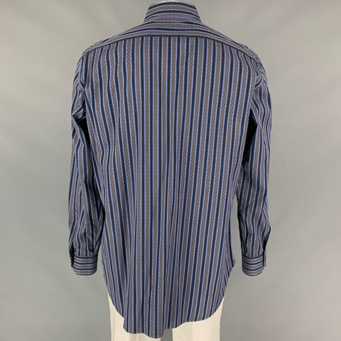 ETRO Size XL Grey & Navy Stripe Cotton Button Up Long Sleeve Shirt