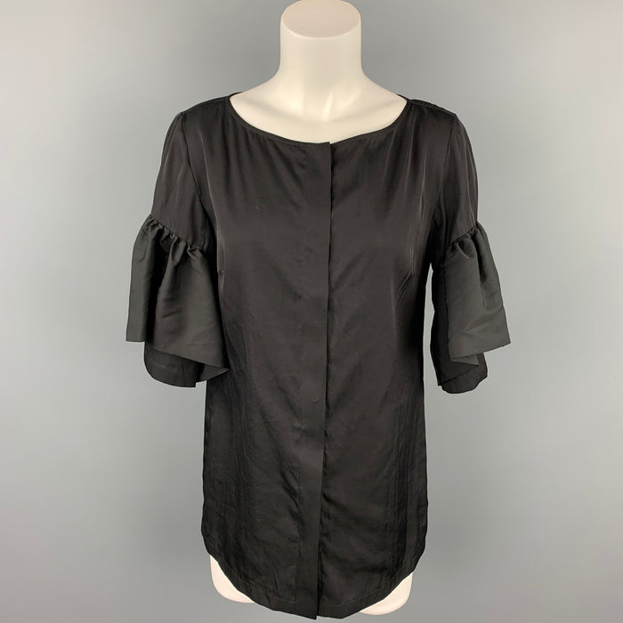 DRIES VAN NOTEN Size 8 Black Poplin Polyester / Silk Ruffled Blouse