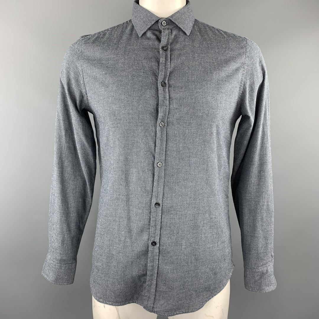 KOIKE Size L Gray Houndstooth Cotton Button Up Long Sleeve Shirt