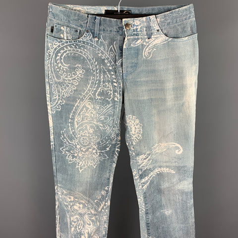 ROBERTO CAVALLI Size 33 Light Blue Paisley Denim Button Fly Jeans