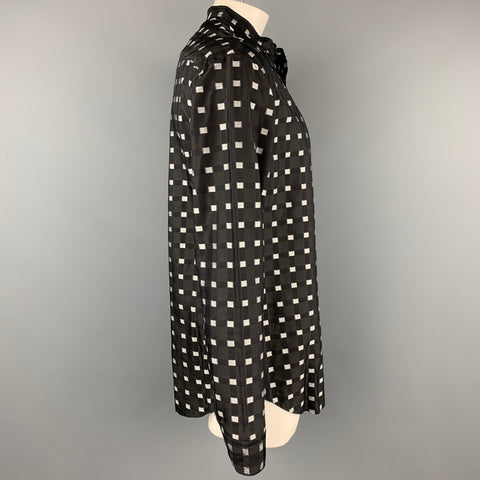 ARMANI COLLEZIONI Size XL Black & Silver Checkered Cotton / Viscose Nehru Collar Long Sleeve Shirt