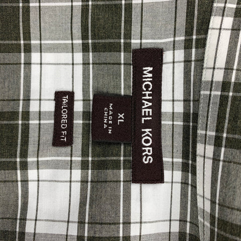 MICHAEL KORS Size XL Olive & White Plaid Cotton Button Up Long Sleeve Shirt