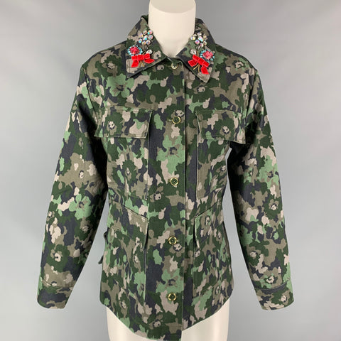 MANOUSH Taille 4 Vert Camouflage Denim Coton Strass Col Veste Militaire