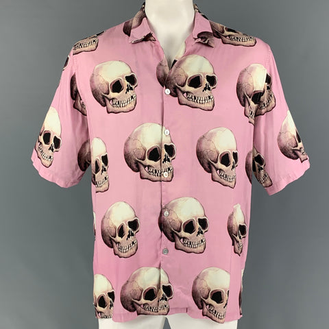 ENDLESS JOY Talla XL Camisa Manga Corta Campamento Tencel Rayón Calaveras Rosa Marrón