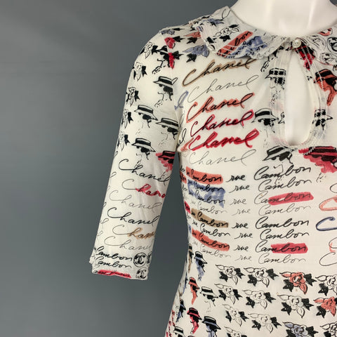 CHANEL Size S Off White Multi-Color Modal Vintage Font Print 3/4 Sleeves Top