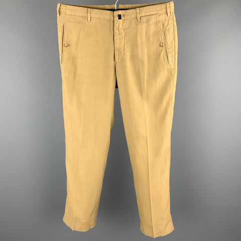 INCOTEX Size 34 Tan Solid Cotton / Linen Zip Fly Casual Pants