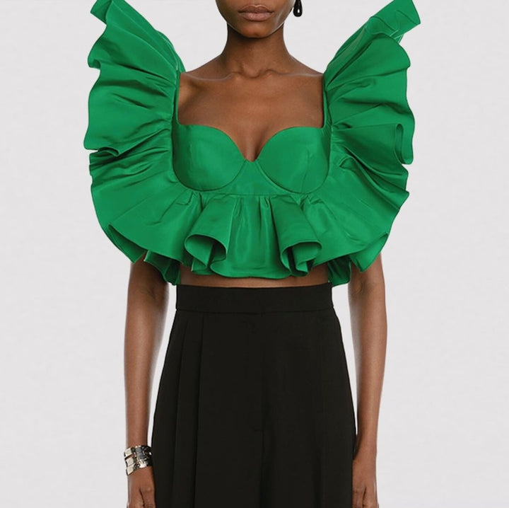 ALEXANDER MCQUEEN Size 0 Green Polyester Ruffled Bustier Dress Top