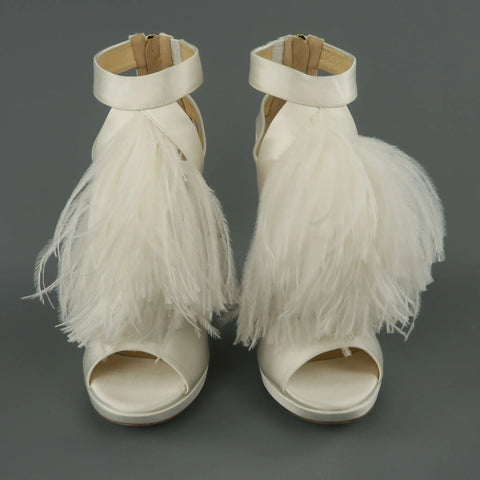 JIMMY CHOO US 8.5 / IT 38.5 White Silk / Leather Ostrich Feather Bridal Sandals JIMMY CHOO