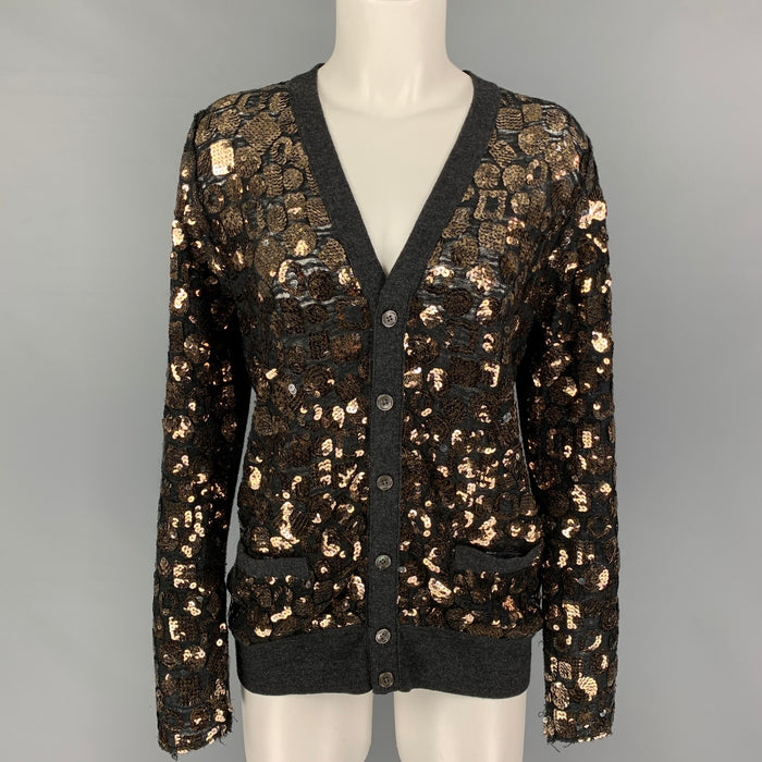 MARC JACOBS Size S Charcoal Gold Merino Wool Sequined Buttoned Cardigan