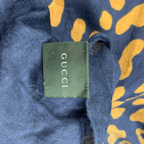 GUCCI Navy & Tan Animal Print Logo Viscose Blend Scarf