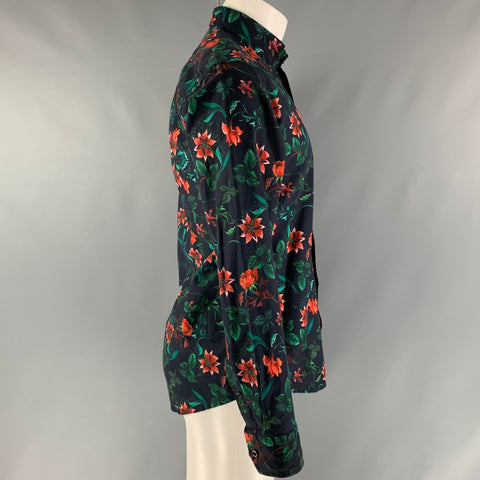 ETON Taille M Chemise à manches longues boutonnée en coton floral bleu marine, vert et orange