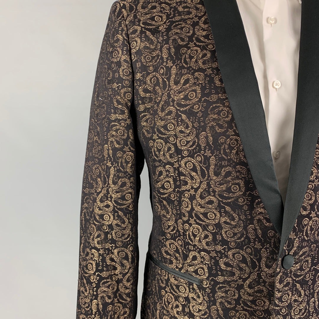 ROBERTO CAVALLI Size 46 Black Gold Jacquard Shawl Collar Sport Coat