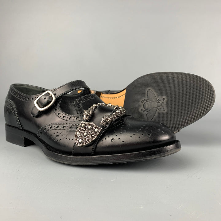 GUCCI Size 9 Black Perforated Leather Tiger's Head Buckle Loafers