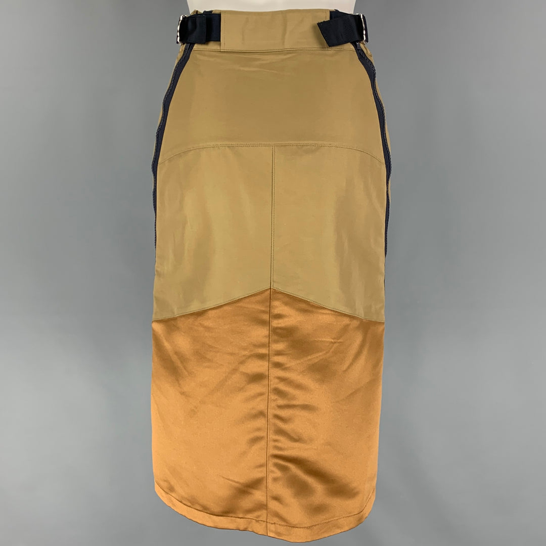SACAI Size 0 Khaki Gold Cotton Blend Color Block Pencil Below Knee Skirt