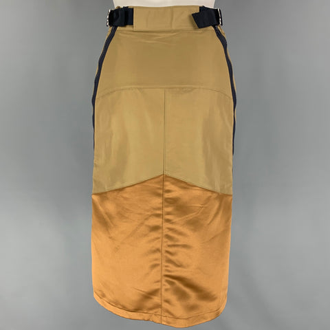 SACAI Size 0 Khaki Gold Cotton Blend Color Block Pencil Below Knee Skirt