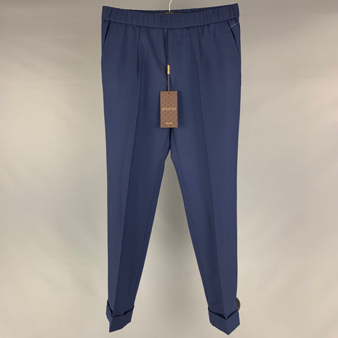 GUCCI Size 30 Blue Navy Solid Wool Mohair Elastic Waistband Casual Pants