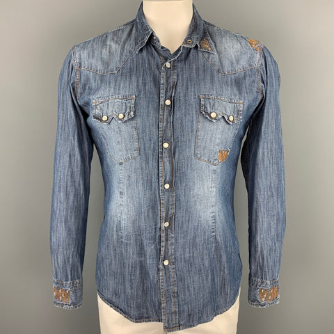 DANIELE ALESSANDRINI Size L Indigo Distressed Snaps Long Sleeve Shirt
