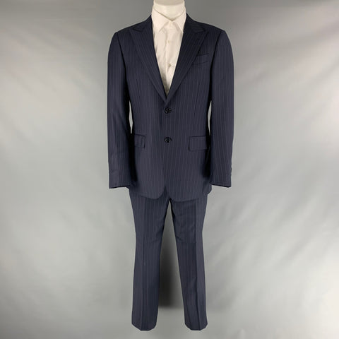 ERMENEGILDO ZEGNA Size 38 Navy Stripe Wool Peak Lapel  Suit