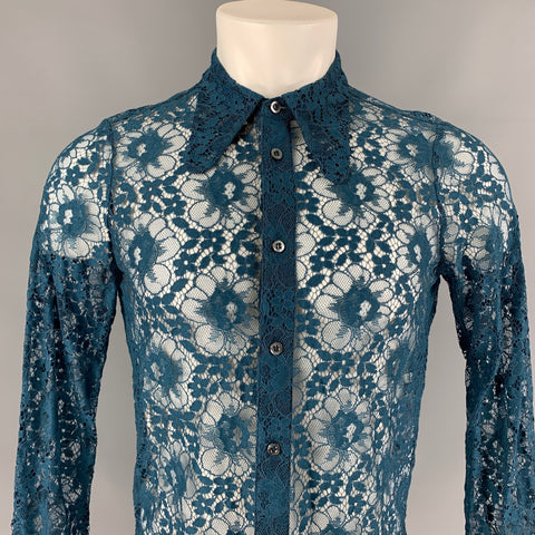 GUCCI S/S 16 Talla XS Camisa de manga larga en mezcla de poliamida con encaje transparente verde azulado
