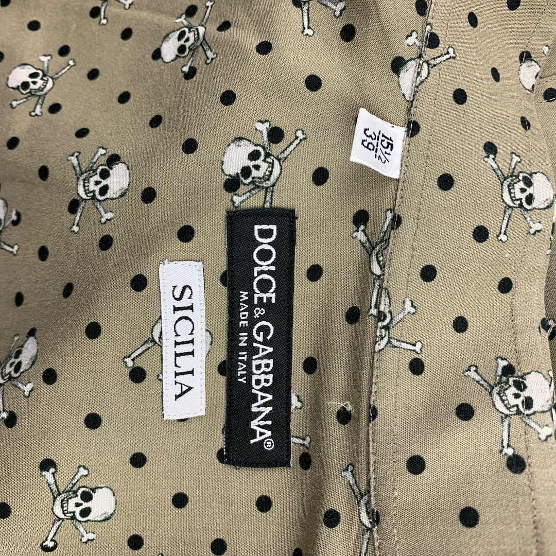 DOLCE &amp; GABBANA Sicilia Talla M Camisa de manga larga con botones de algodón con calaveras en color topo y negro