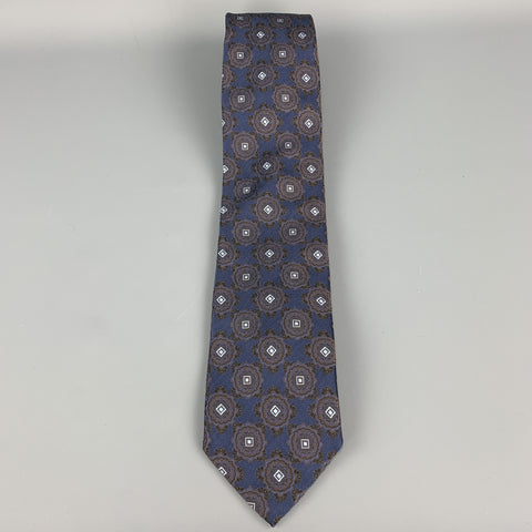ERMENEGILDO ZEGNA Navy Ornate Print Silk Tie