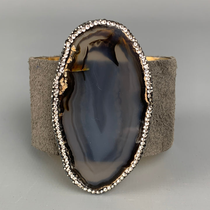 ELISABETH POHLE Grey & Silver Suede Rhinestone Oval Crystal Bracelet