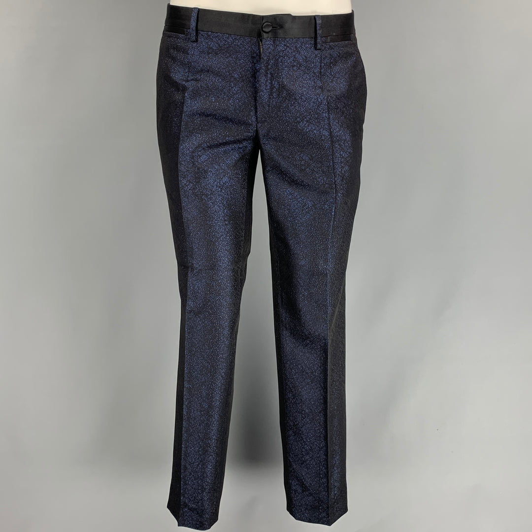 DOLCE & GABBANA Size 38 Regular Dark Blue & Black Sparkle Polyester / Viscose 3 Piece Tuxedo Suit
