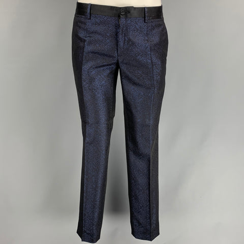 DOLCE & GABBANA Size 38 Regular Dark Blue & Black Sparkle Polyester / Viscose 3 Piece Tuxedo Suit
