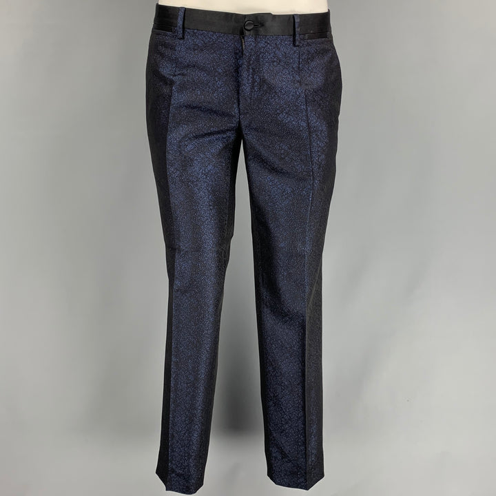 DOLCE & GABBANA Size 38 Regular Dark Blue & Black Sparkle Polyester / Viscose 3 Piece Tuxedo Suit