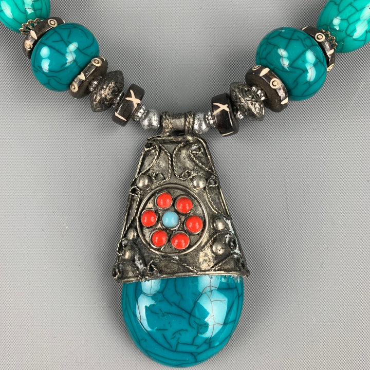 ZYRLAT Turquoise Silver Tone Beaded Necklace