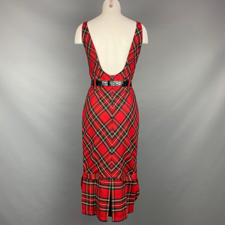 LAMB Size 10 Red Wool Plaid Faux Patent Leather Belted Dress