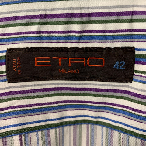 ETRO Size L White Blue Stripe Cotton Button Up Long Sleeve Shirt