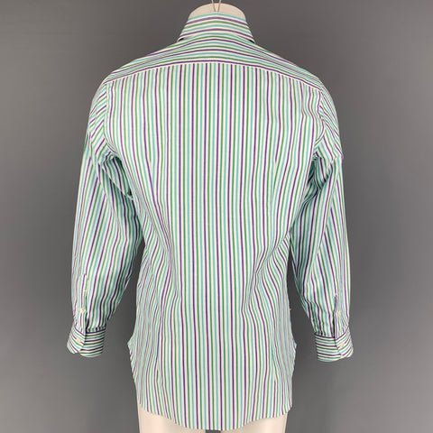 ETRO Size M White Green Purple Stripe Cotton Linen Long Sleeve Shirt