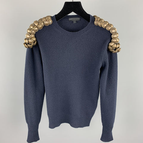 BURBERRY PRORSUM Fall 2010 Size XS Navy Knitted Wool Gold Button Epaulettes Crew-Neck Sweater